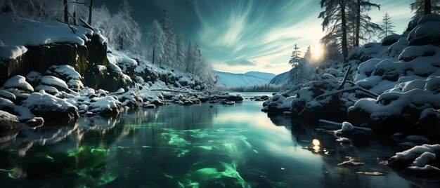 A beautiful winter landscape of a river flowing through a snowy forest