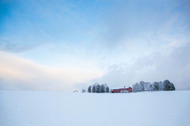 Beautiful winter landscape snow farm house
