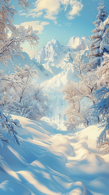 Beautiful winter landscape snow and fir trees realistic photo