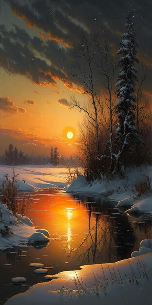 Beautiful winter landscape during sunset over snow covered field