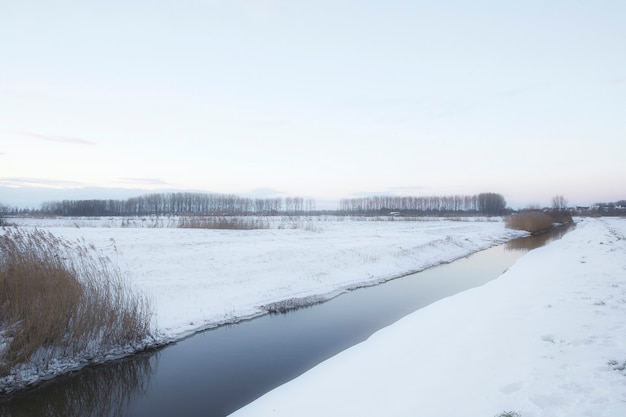 霧と雪が農地とオランダの川を覆う日没時の美しい冬の風景