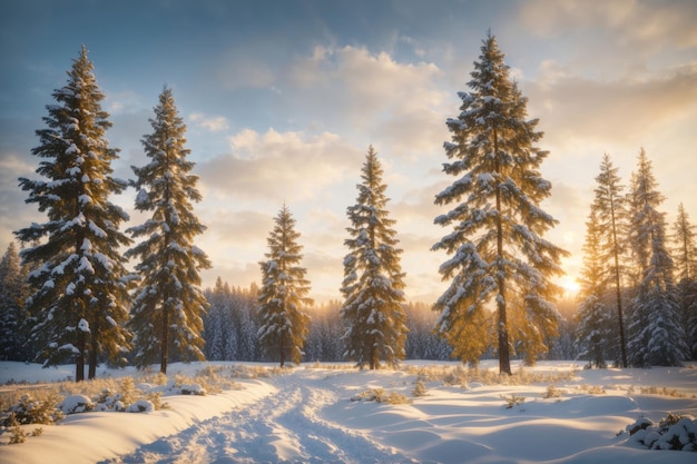 Красивый зимний пейзаж с елями в генеративном режиме