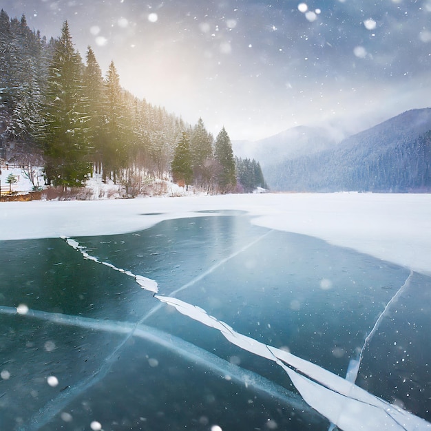 Beautiful winter landscape with frozen lake and pine forest in the mountains