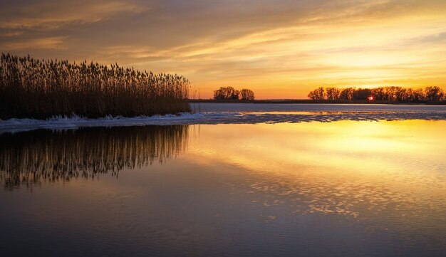 Photo beautiful winter landscape with frozen river, reeds and sunset sky. composition of nature.