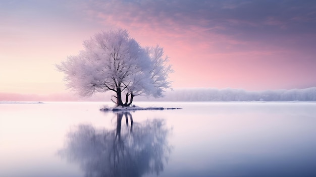 Photo beautiful winter landscape with frozen trees on the lake and pink sky