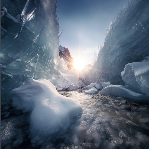 Beautiful winter landscape with ice and snow 3d rendering