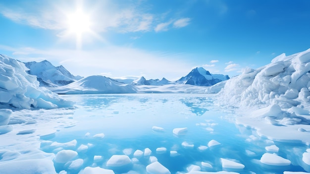 Beautiful winter landscape with icebergs and blue sky 3d rendering