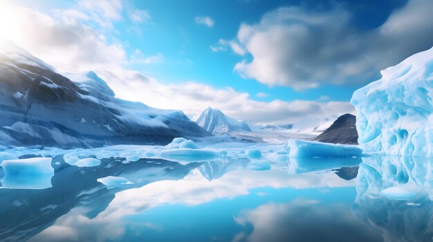 Photo beautiful winter landscape with icebergs and blue sky 3d rendering