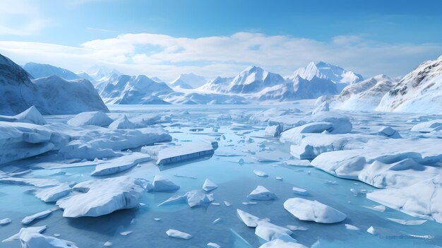 Beautiful winter landscape with icebergs and blue sky 3d rendering
