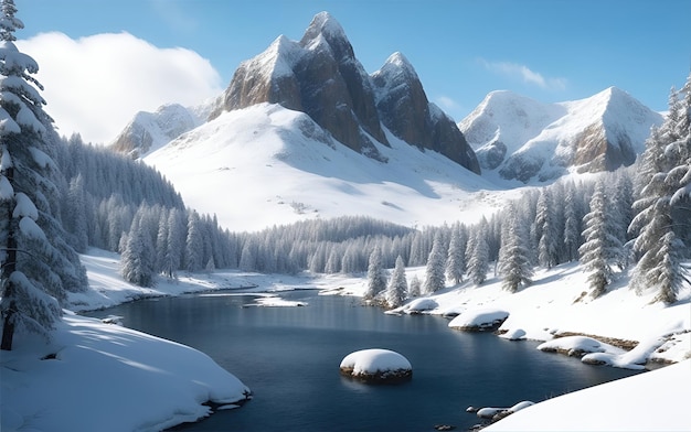 Beautiful winter landscape with a lake in the mountains