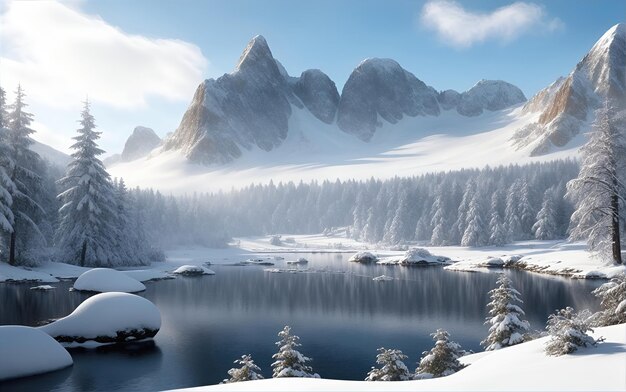 Beautiful winter landscape with a lake in the mountains