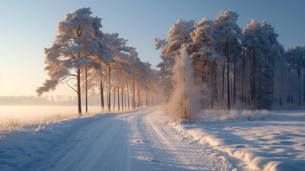 Beautiful winter landscape with road and trees in hoarfrost