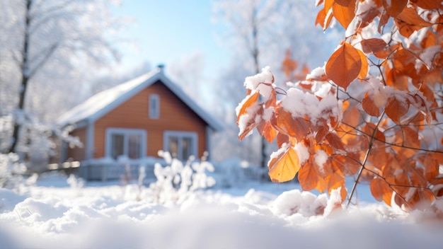 Beautiful winter landscape with snow covered trees and house in the background