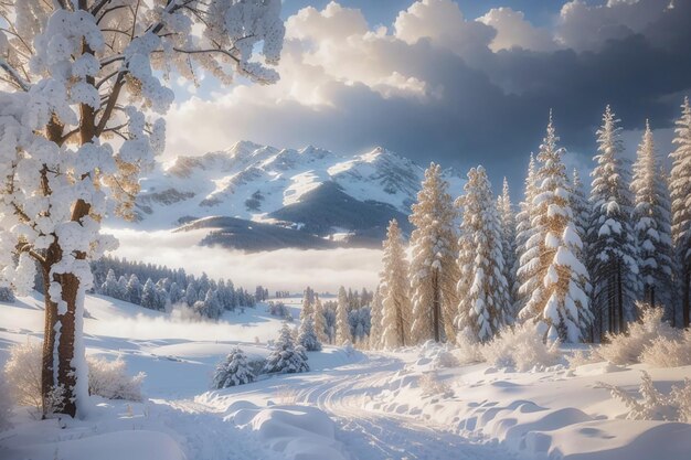 Beautiful winter landscape with snow covered trees