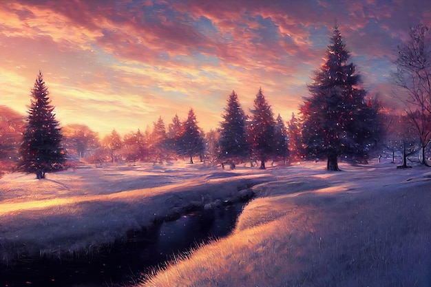 Beautiful winter landscape with snow and pine trees landscape illustration with christmas theme