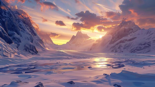 Photo a beautiful winter landscape with snowcapped mountains and a frozen lake the sky is a clear blue with a hint of pink at the horizon