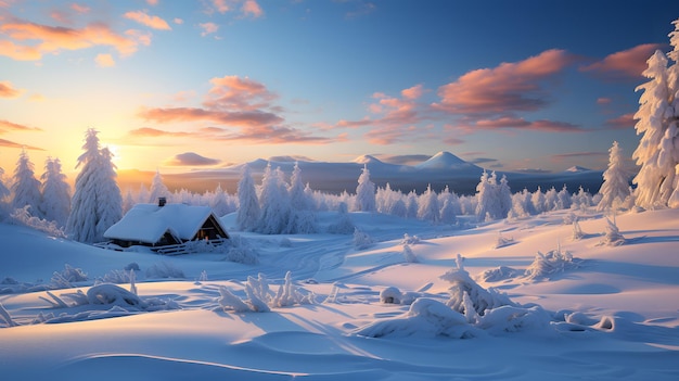 Beautiful winter landscape with snowy fir trees and lake at sunrise