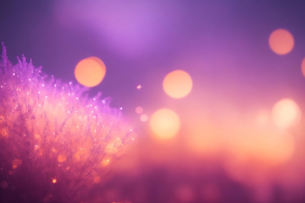 Beautiful winter landscape with snowy trees and red bokeh lights