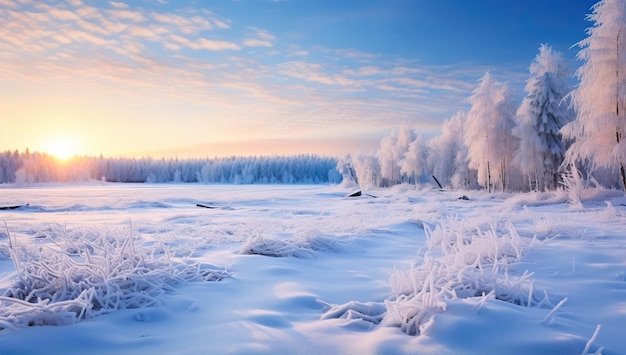 Beautiful winter landscape with trees covered with hoarfrost at sunset