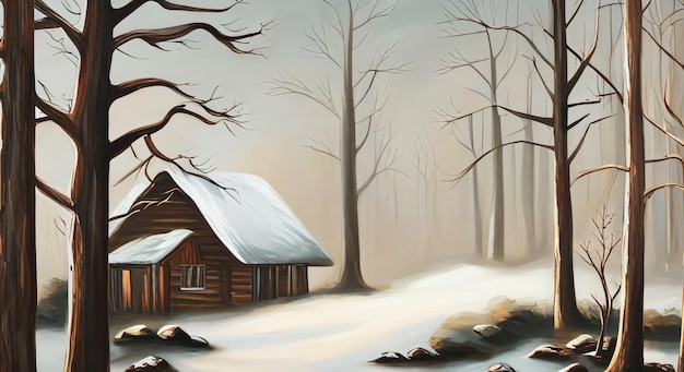 A beautiful winter landscape with wooden cabin in forest