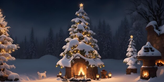 Beautiful winter landscape with wooden house and Christmas tree at night