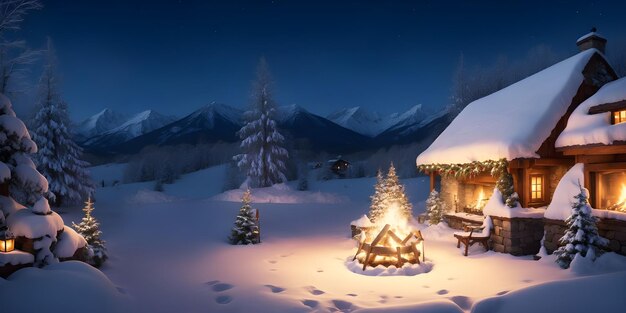 Beautiful winter landscape with wooden house and Christmas tree at night