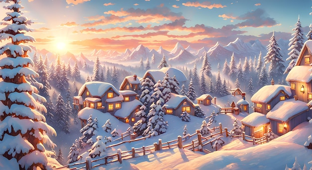 Beautiful winter landscape with wooden houses in the mountains at sunset