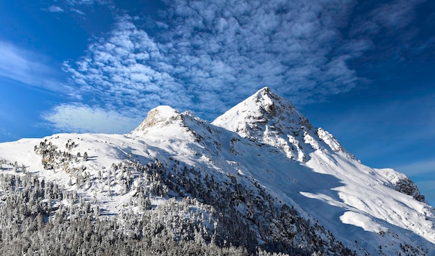 Красивый зимний горный пейзаж с ясным голубым небом