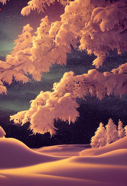 Beautiful winter night landscape scene 3d illustration