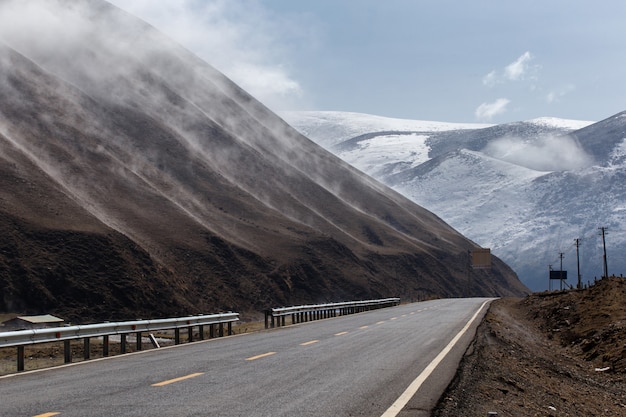 Beautiful winter road in Tibet under snow mountain, Sichuan, China