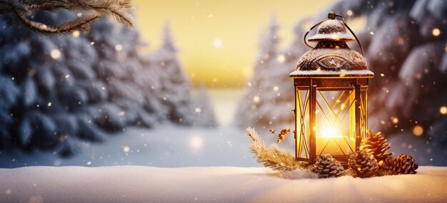 Beautiful Winter Scene with Lantern Sitting in the Snow Generative AI Enhanced Stock Image