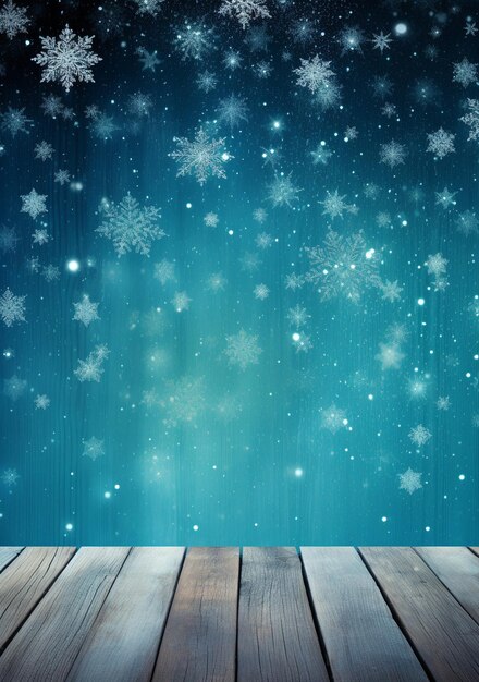 A beautiful winter scene with snowflakes on a wooden table snowflakes background