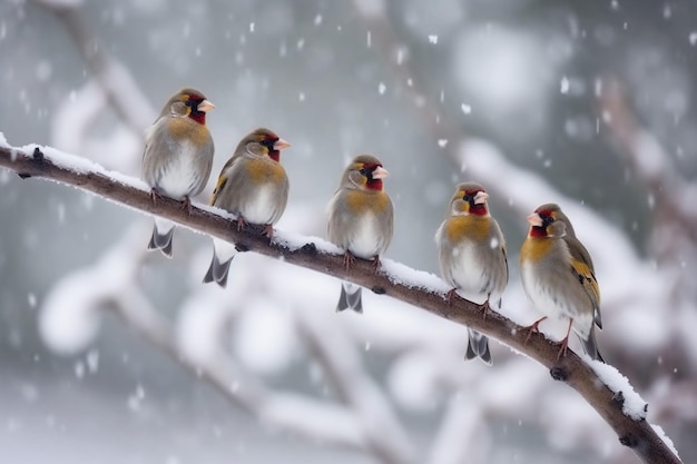 Красивые зимние пейзажи с европейскими зябликами, сидящими на ветке во время сильного снегопада