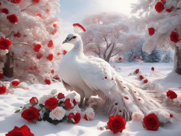 A beautiful winter snow scene a beautiful white peacock shining feathers
