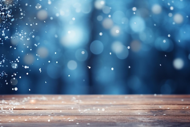 Beautiful winter snowy blurred defocused blue background with snow and empty wood flooring copy spac