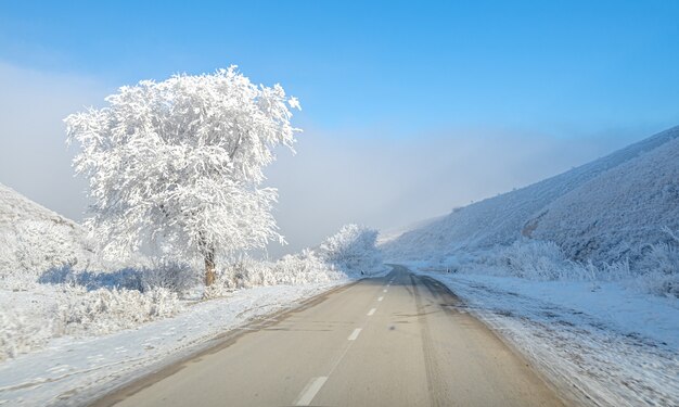 Beautiful winter snowy mountain road