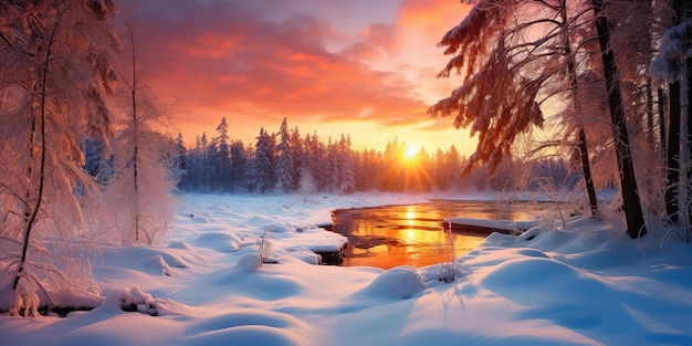 Beautiful winter snowy natural landscape at sunset