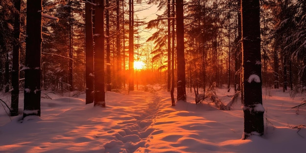 Beautiful winter snowy natural landscape at sunset