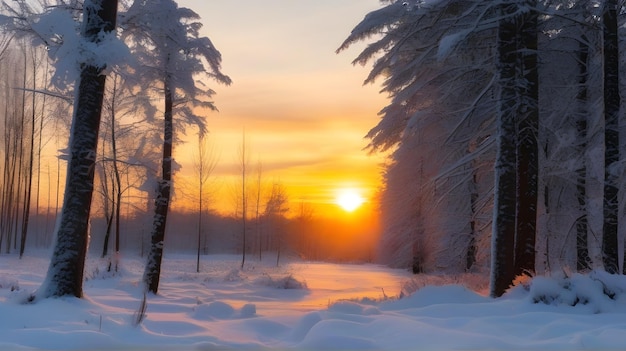 雪の森の美しい冬の夕暮れ