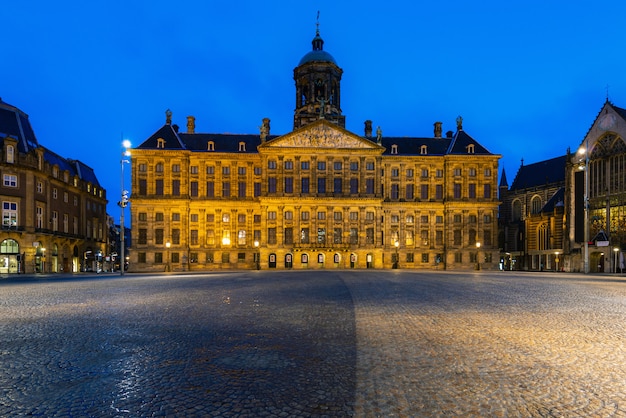 Beautiful winter view of the Royal Palace on the dam square in Amsterdam, the Netherlands