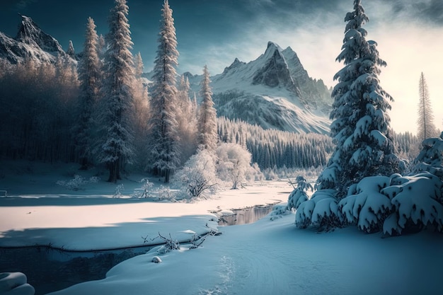 Beautiful wintertime landscape of a woodland in the snowy alps