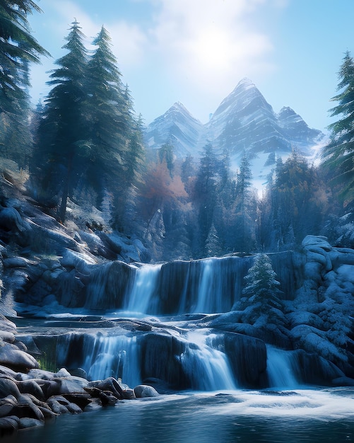 雪を頂いた峰と松の木の生成的なaiイラストを持つ美しい冬の山の風景