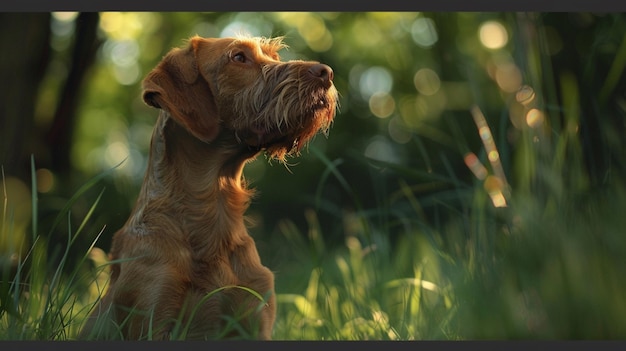 Photo a beautiful wirehaired vizsla dog breed looking on in the jungle field generated ai photo