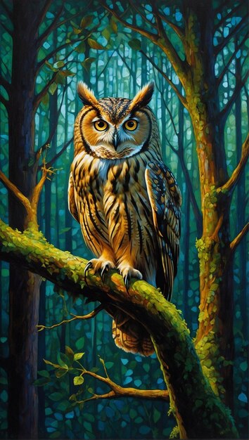 Photo a beautiful wise old owl in mystical forest watches over the forest tree plants flowers paintin