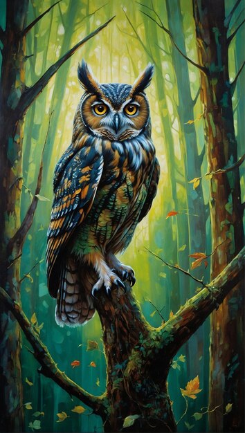 Photo a beautiful wise old owl in mystical forest watches over the forest tree plants flowers paintin