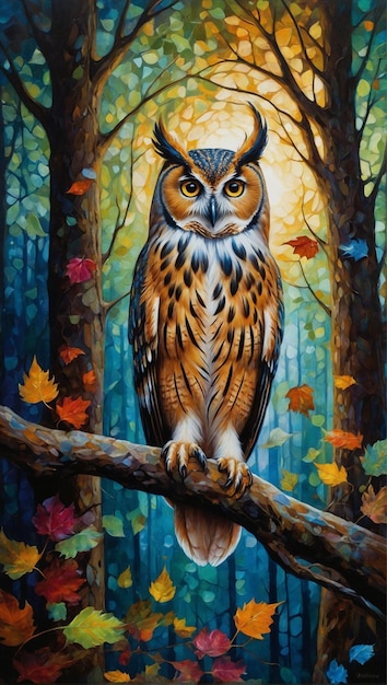 Photo a beautiful wise old owl in mystical forest watches over the forest tree plants flowers paintin