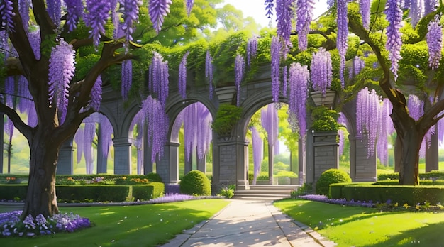 Beautiful wisteria garden scene for wallpaper