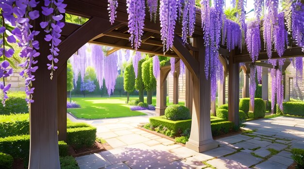 Beautiful wisteria garden scene for wallpaper