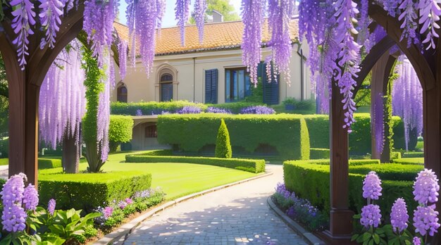 Foto bellissima scena del giardino di glicine per carta da parati