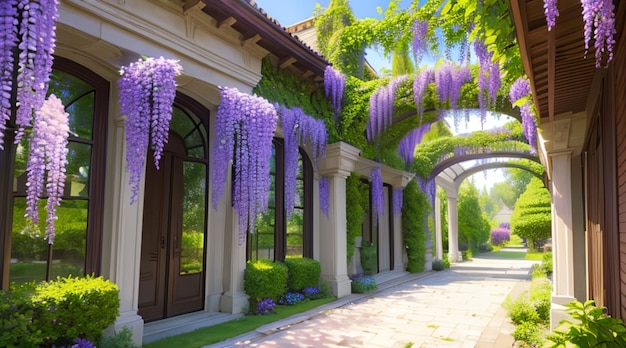 Beautiful wisteria garden scene for wallpaper